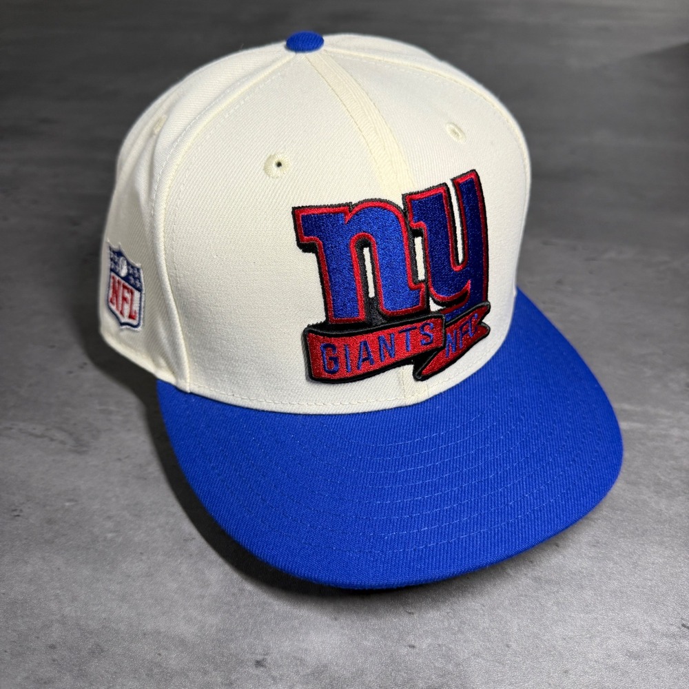 New Era 59FIFTY Fitted Hat Mens 7 3/4 Cream Blue NY Giants NFL Flat‎ Bill Cap